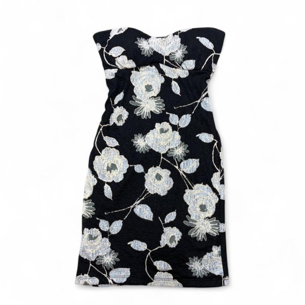 Vintage Y2K Bodycon Mini Dress Strapless Oboe Casual Black & White Floral Small